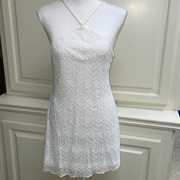 West 36th White Cotton Lace Halter Mini Dress Crisscross Tie Back Size Medium - Picture 2 of 7